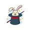 Black magician hat and wand with smiling bunny cartoon character inside. magic bunny/rabbit mascot logo. magician logo