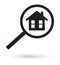 Black magnifying glass finding house vector