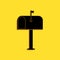 Black Mail box icon isolated on yellow background. Mailbox icon. Mail postbox on pole with flag. Long shadow style. Vector