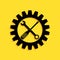 Black Maintenance symbol - screwdriver, spanner and cogwheel icon isolated on yellow background. Service tool symbol