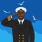 Black male captain of sea ship in uniform saluting