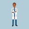 Black male doctor character in uniform standing with folded arms, medical care Illustration