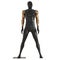 A black male mannequin with golden hands stands wide apart legs on a white background. Front view. 3d rendering
