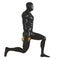 Black male muscular mannequin with golden dumbbells in lunge. Side view. 3d rendering