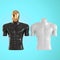 Black male plastic torso with a golden head and a white headless torso on a light blue background. Front view. 3d