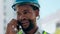 Black man, architect and smile for phone call, talking and networking for opportunity in construction industry. African