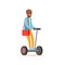 Black Man In Blue Sweater Riding Electric Self-Balancing Battery Powered Personal Electric Scooter Cartoon Character