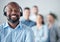 Black man, callcenter and customer service, smile in portrait with leadership and communication, headset and mockup