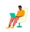 Black man in casual outfit sitting on comfortable chair and browsing or working on laptop at his laps. Male character