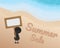 Black man character cartoon stand on sand at the beach and hold wood sign and it have paper on the board with write summer sale