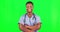 Black man, doctor and face with arms crossed on green screen, smile with mockup space and healthcare. Medical