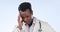 Black man, doctor and stress headache on studio background for healthcare mistake, crisis and medical risk fail