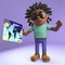 Black man with dreadlocks pays at checkout with credit card, 3d illustration
