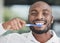 Black man, face and brushing teeth with toothbrush, dental and health, hygiene and grooming. African male person