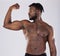 Black man, fitness and flex muscle for sports training in studio for strong body, biceps and power. Health and wellness