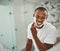 Black man, foam and happy for shaving, grooming and cosmetics in mirror for self care in home. Young african guy, soap