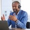 Black man, laptop and video call consulting with headset at office desk for telemarketing, customer service or support