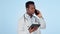 Black man, phone call and tablet with doctor problem, communication and stress about results. Frustrated, African