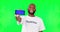 Black man, phone and mockup, green screen and volunteer, community service with app and ads on studio background