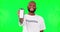 Black man, phone and social media, green screen and volunteer, community service with app and ads on studio background