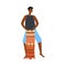 Black man playing ethnic drum and dancing, flat cartoon character with dark skin