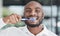 Black man, portrait and brushing teeth with toothbrush, dental and health, hygiene and grooming. African male person