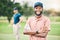 Black man, portrait smile and golf player in sports with arms crossed for professional sport or hobby in nature. Happy
