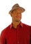 Black Man in a Red Shirt and Brown Hat Smirk