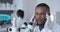 Black man scientist, laboratory and headache of a medical research worker. Pain, working burnout and anxiety work of a