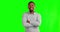 Black man, smile and arms crossed on green screen with confident, happy or positive mindset on studio background