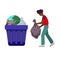 Black man throws trash bag at garbage container with our Earth on white isolated background, the Earth in dumpster in Flat design