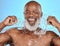 Black man, water splash and flossing teeth for dental health, hygiene and wellness on blue studio background. African