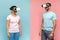 Black man and woman in VR headset experiencing virtual reality, standing over halved pink and blue background