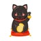 Black Maneki-neko Cat with Raised Paw Ringing Bell and Holding Coin as Ceramic Japanese Figurine Bringing Good Luck