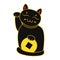 Black Maneki neko / neco with coin , a cat with a raised paw Japanese luck symbol, illustration,