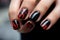 Black manicure female nails. Generate Ai