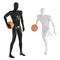 A black mannequin guy stands with the ball and a white man runs and dribbles a basketball. 3d rendering