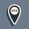 Black Marker location with SOS icon isolated on grey background. SOS call location marker. Map pointer sign. SOS