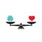 Black mechanical scales with brain and red heart in pans. Love, like, sympathy value, solution and rationality balance