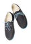 Black men\'s leather loafers with blue soles and laces on a white