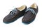 Black men\'s leather loafers with blue soles and laces on a white