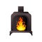 Black metal material fireplace with pipe with burning fire