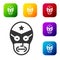 Black Mexican wrestler icon isolated on white background. Set icons in color square buttons. Vector