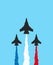 Black military fighters with colored trails on blue background. Jets show vector illustration