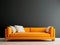 Black mock up wall with orange sofa in modern interior background, living room, Scandinavian style