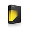 Black Modern Software Product Package Box With Yellow Window For DVD Or CD Disk. 3D Products On Isolated.