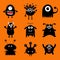 Black monster big set. Cute cartoon scary silhouette character. Baby collection. Orange background. Isolated. Happy Halloween card