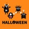 Black monsters holding letters. Happy Halloween. Text with pumpkin. Cute cartoon scary silhouette character. Baby collection. Oran