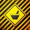 Black Mortar and pestle icon isolated on yellow background. Warning sign. Vector