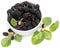 Black mulberries with leaves in white bowl